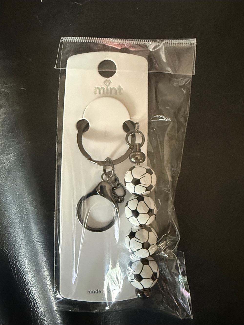 New Mint Black and White Soccer Bead Keychain or Clip Onto Bag Purse